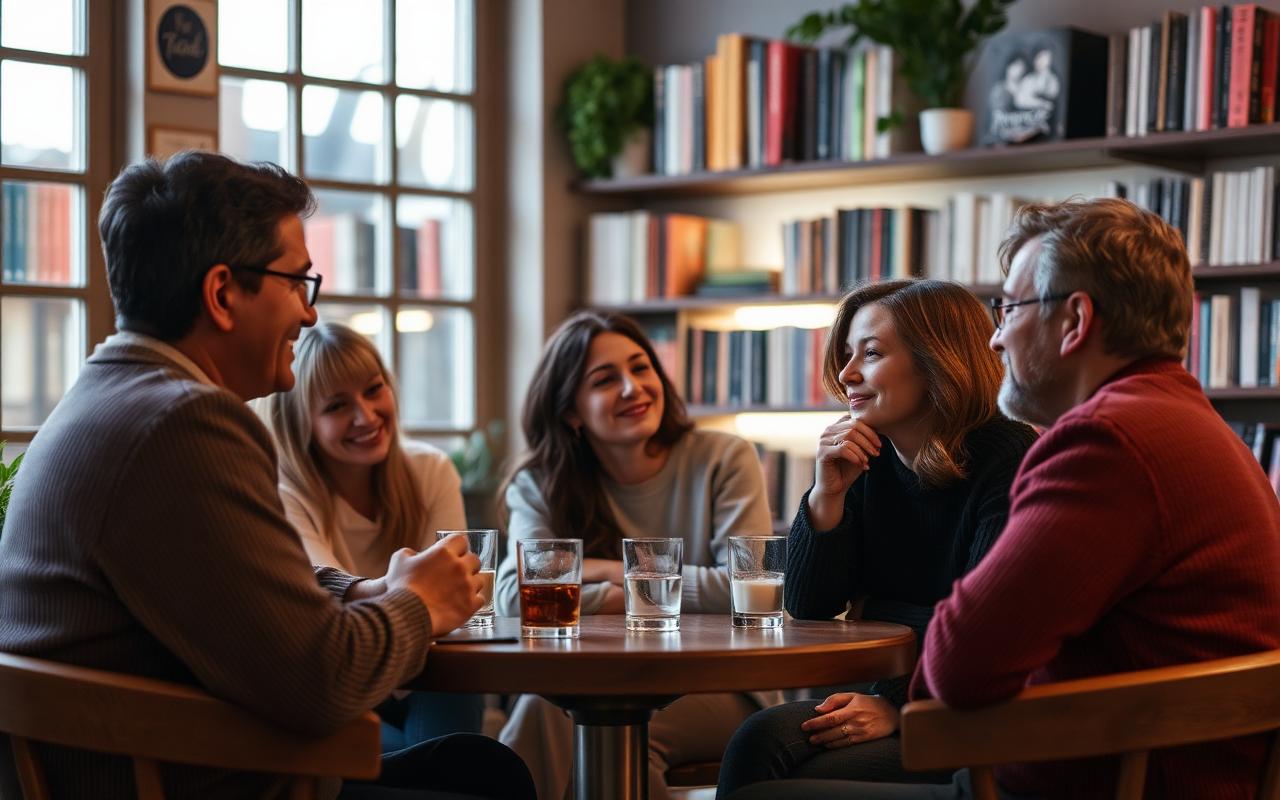 Petit groupe de personnes discutant dans un café-librairie chaleureux